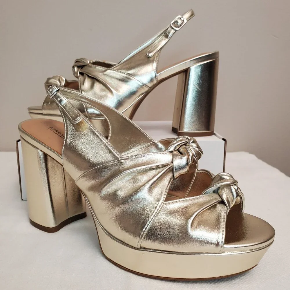 AEROSOLES Metallic Gold Knot Platform Slingback Heels